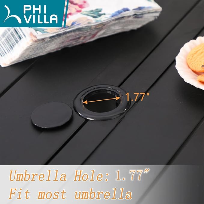 PHI VILLA 64" Large Metal Patio Dining Table Steel Rectangular Outdoor Table, Weather-Resistant Table with 1.77" Umbrella Hole for Lawn Backyard Garden, Black