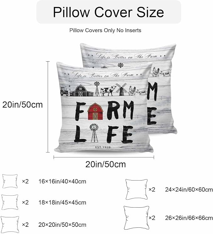 Outdoor Throw Pillows Covers 18x18 inch Set of 2 Waterproof Farm Life Decorative Zippered Cushion Covers for Patio Furniture, Farmhouse Barn Windmill Cow Chicken Tractor Wood Lumbar Pillowcases