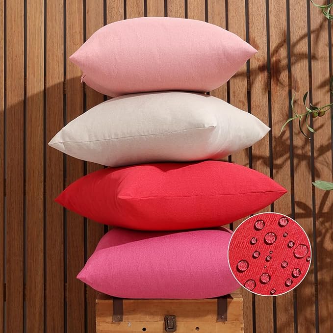 WEMEON Outdoor Waterproof Pillow Covers18x18in Set of 4, Solid Color Pillows Decorative Square Patio Furniture Pillows for Couch Patio Balcony Tent Garden(Red/Pink/Beige)