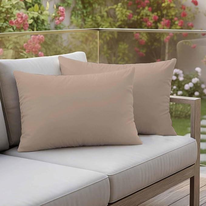 Lumbar Pillow Covers 12 x 20 Inches, Beige Solid Color Waterproof Throw Pillow Cover Set of 2, Aesthetics Contemporary Luxury Decorative Rectangle Cushion Covers for Patio/Couch/Garden