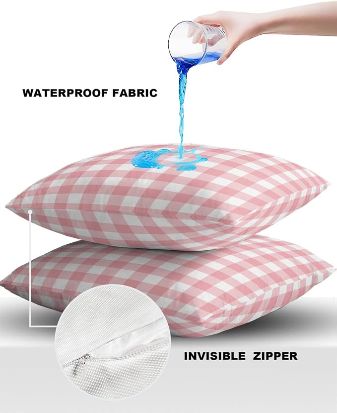 Outdoor Waterproof Throw Pillow Covers Set of 2 Romantic Love Pillowcases 18x18 Inches Pink Buffalo Check Plaid Patio Decorative Pillows Cushion Case Patio Pillows for Couch Bed Chair Garden
