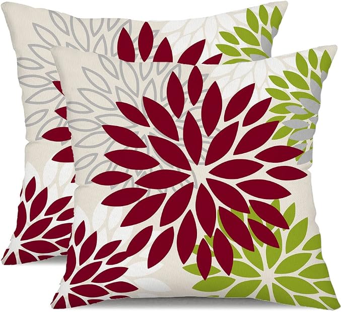 DFXSZ Outdoor Waterproof Pillow Covers 16x16 Set of 2 Wine Red Green Flower | Spring Summer Waterproof Flower Throw Pillowcases（No Inserts）Outdoor Decor for Patio Funiture Garden Polyester Covers