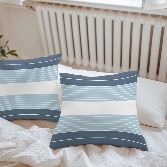 Haze Blue Aqua Stripe Outdoor Pillow Covers Waterproof, All Weather Cushion Case Set of 2, Modern Art Horizontal Striped Decorative Pillowcases for Sofa Couch Bed Decor Patio Furniture 16"x16"