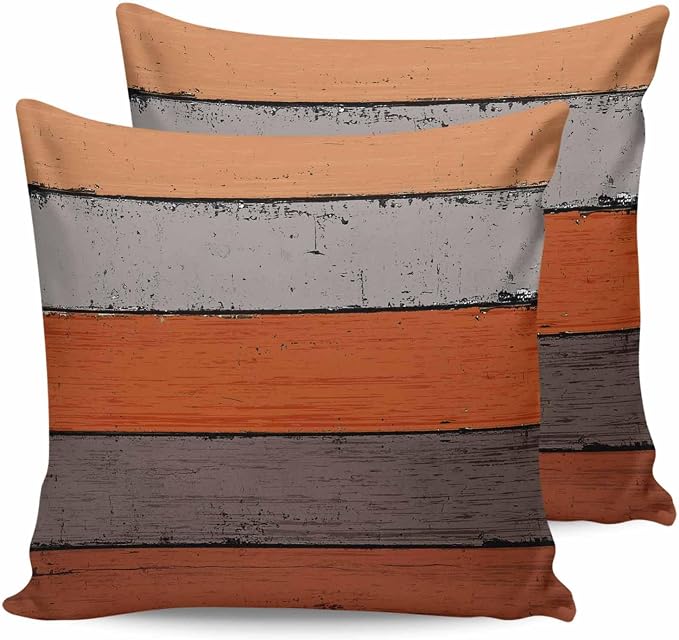 Outdoor Throw Pillow Covers 24X24 Set of 2 Waterproof Ombre Burnt Orange Gray Decorative Zippered Cushion Covers for Patio Furniture, Farmhouse Retro Rustic Barn Wood Texture Lumbar Pillowcases