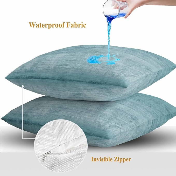 Vandarllin Outdoor Throw Pillows Covers 24x24 inch Set of 2 Waterproof Turquoise Linen Decorative Zippered Cushion Covers for Patio Furniture, Solid Color Texture Lumbar Pillowcases