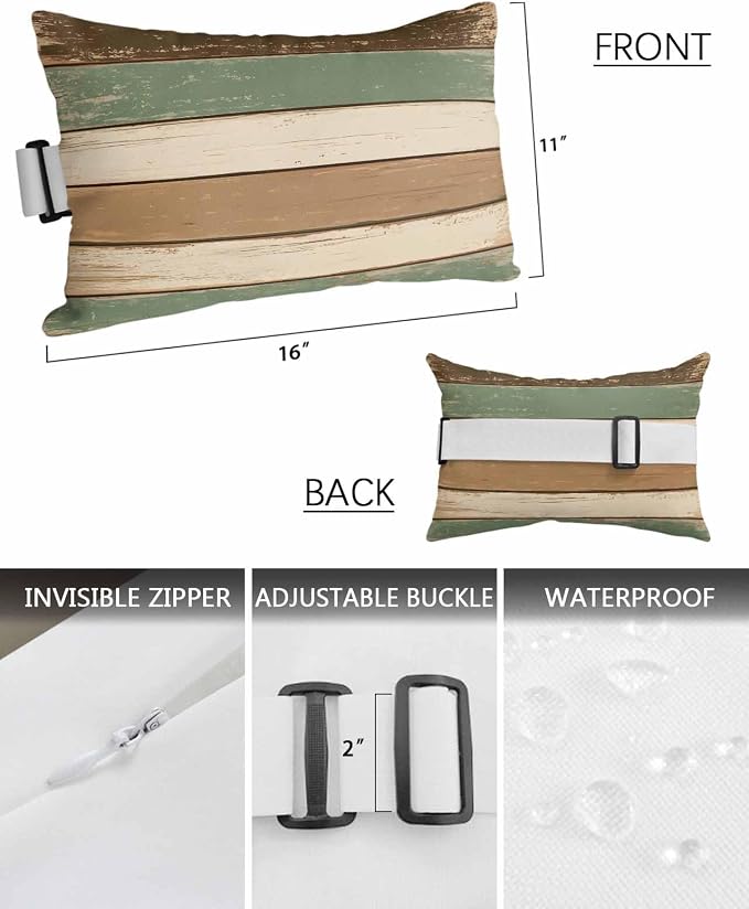 Chucoco Outdoor Head Pillow with Adjustable Elastic Strap, Rustic Green Brown Beige Stripes 2 Pack Waterproof Headrest Cushion Pillows for Balcony/Garden/Beach/Pool Chair Recliners Wood Barn