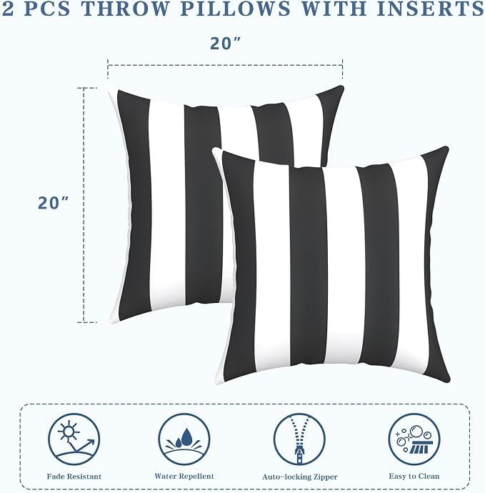LVTXIII Outdoor Throw Pillows, Decorative Throw Pillows with Inserts, 20"x20" Square Pillows for Bed, Couch, Sofa and Patio Furniture, Set of 2, Cabana Black