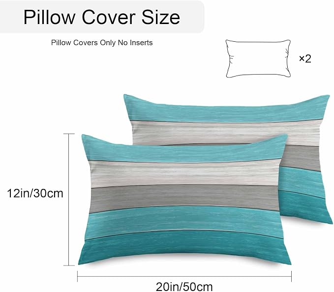 Outdoor Throw Pillow Covers 12X20 Set of 2 Waterproof Ombre Aqua Blue Gray Decorative Zippered Cushion Covers for Patio Furniture, Farmhouse Retro Rustic Barn Wood Texture Lumbar Pillowcases
