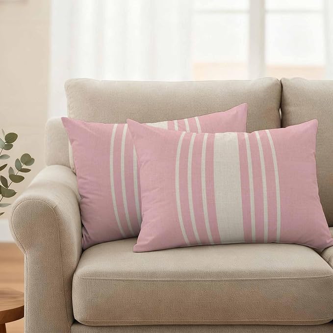 Lumbar Pillow Covers 20x12 Inch Set of 2, Pink Beige Striped Waterproof Outdoor Cushion Covers, Modern Farmhouse Retro Lines Decorative Pillowcases for Couch, Sofa, Bed, Garden, Patio