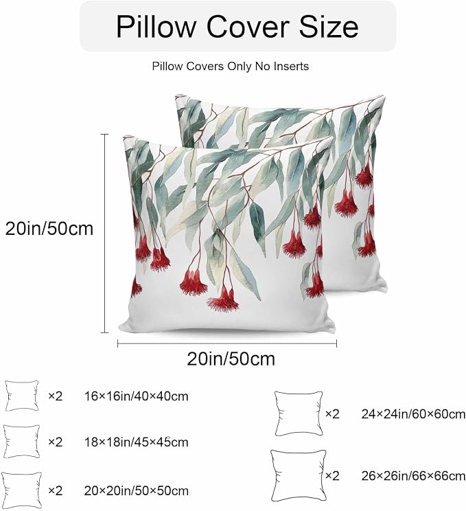 Red Floral Leaves Waterproof Outdoor Pillow Covers Set of 2 Home Decor, Pastoral Rustic Botanical Flowers Pillowcase Patio Pillow Covers for Couch Bench Furniture Garden 20x20in