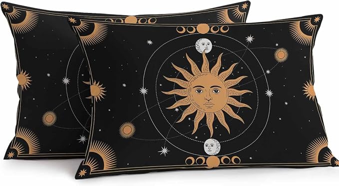 Celestial Sun and Moon Waterproof Outdoor Pillow Covers Set of 2 Home Decor, Black Sky Gold Star Boho Lumbar Pillowcase Patio Pillow Covers for Couch Bench Patio Furniture Garden 20x12in