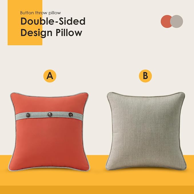 Outdoor Sunbrella Decorative Pillows with Triple Coconut Buttons Pack of 4, 18" x 18" Outdoor Pillow Set for Couch Bed Throw Patio Sofa, Canvas Melon/Cast Ash