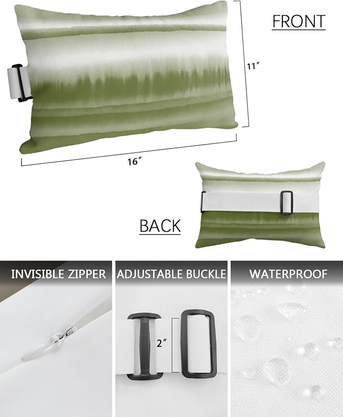 Outdoor Pillows Waterproof Covers Set of 2, Abstract Art Waves Elastic Chaise Lounge Headrest Pillow Covers, Stripes Watercolor Gradient Sage Green Lumbar Pillow for Beach Patio Furniture 11x16 Inch