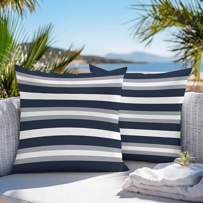 Navy Blue Grey Striped Outdoor Pillow Covers Waterproof, All Weather Cushion Case Set of 2, Farmhouse Stripes Minimalist Decorative Pillowcases for Sofa Couch Bed Decor Patio Furniture 18"x18"