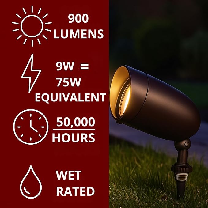 Nuvo 62-1205 Outdoor Landscape Spotlight, Waterproof LED Fixture, Yard Flood Light, 6.25-Inch Bronze, 3000K Warm White, 900 Lumens, 120V, Die-Cast Aluminum