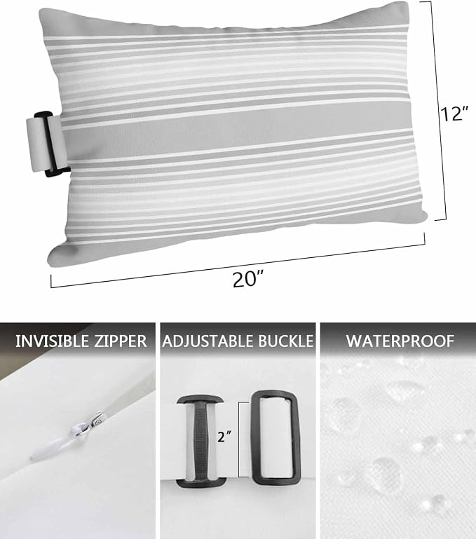 Pack of 2 Outdoor Lumbar Pillow Covers 12x20 Inch, Grey Striped Waterproof Throw Pillow Covers Set, Gray Ombre Farmhouse Stripes Indoor&Outdoor Decorative Cushion Cases for Patio Porch Car