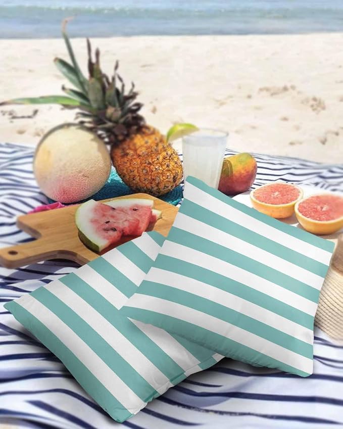 Outdoor Pillows 24x24 Waterproof Outdoor Pillow Covers Teal White Stripes Polyester Throw Pillow Covers Garden Cushion Decorative Case for Patio Couch Decoration Set of 2 Geometric