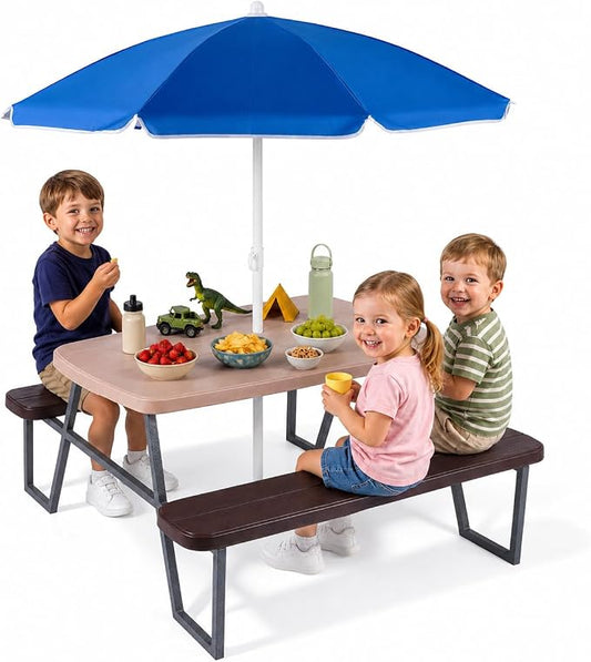 HONEY JOY Kids Picnic Table, 4 Person Toddler Outdoor Table and Chair Set, Built-in Benches, Removable Umbrella, Metal Frame & HDPE Top, Children Outdoor Furniture for Backyard Patio Garden (Coffee)