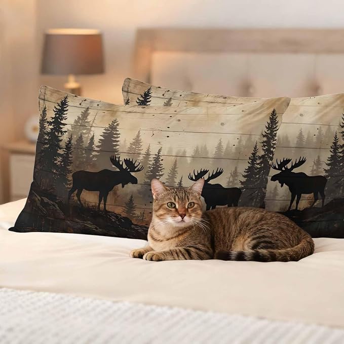 Nature Landscape Outdoor Waterproof Pillow Covers Pack of 2, Rustic Moose Forest Pine Silhouettes Wildlife Throw Pillowcases Decorative Cushion Covers for Garden Patio Tent Sofa Couch, 20x12 inch