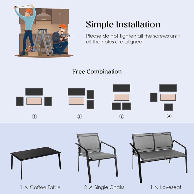 HAPPYGRILL 4 Piece Outdoor Conversation Set Patio Furniture Set, Breathable Fabric Single Chairs & Loveseat, Tempered Glass Coffee Table, Patio Bistro Set for Poolside Yard Garden