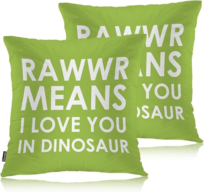 Swono Dinosaur Phrase Decorative Throw Pillows Covers, Rawwr Means I Love You in Dinosaur Square Pillow Cushion Covers for Man Woman, Pillowcases Decor for Home Sofa Bed Garden 2 Packs, 18x18 Inch