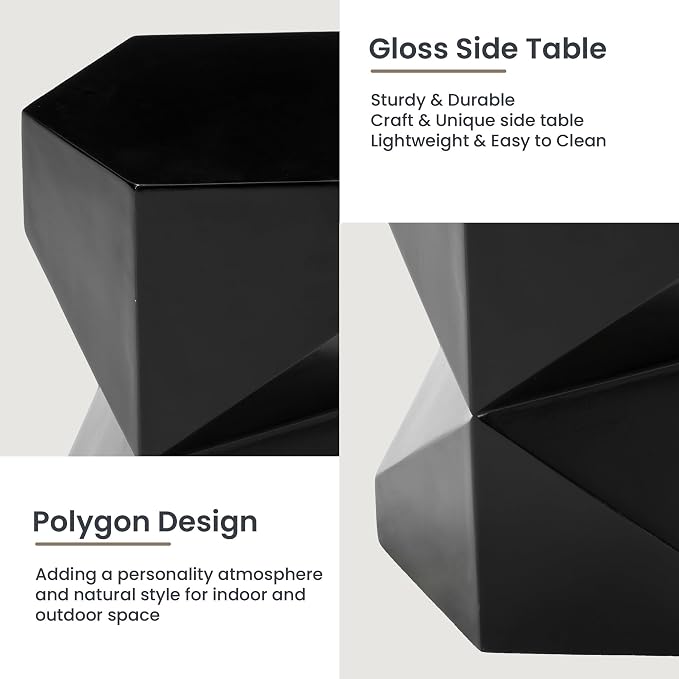 HOMPUS Outdoor Side Table Polygonal, Concrete End Table Hexagonal w Gloss Finish, Patio Accent Table Modern Design Home Decor, MgO Coffee Table for Living Room, Garden, Backyard, Black