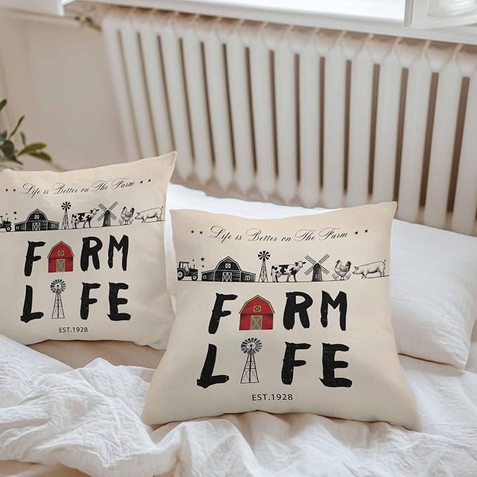 Outdoor Throw Pillows Covers 18x18 inch Set of 2 Waterproof Farm Life Decorative Zippered Cushion Covers for Patio Furniture, Retro Farmhouse Red Barn Windmill Cow Chicken Tractors Lumbar Pillowcases
