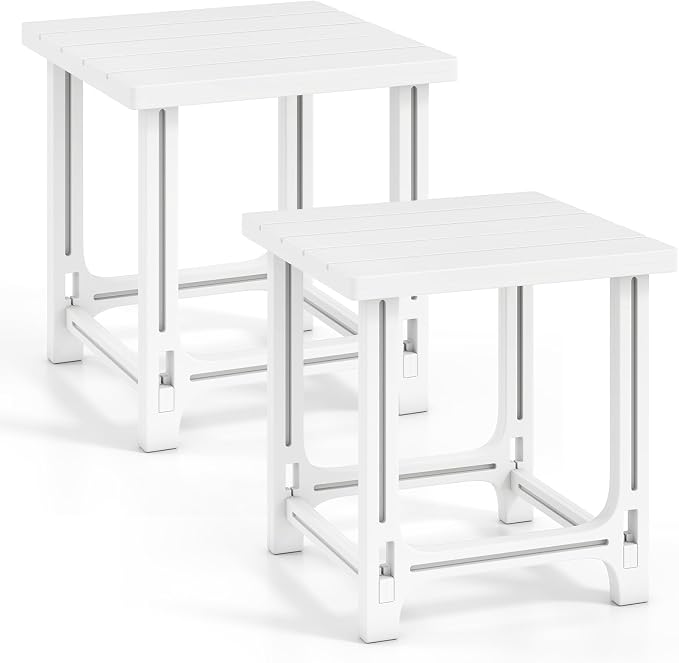 Tangkula Outdoor Adirondack Side Table Set of 2, 18" Heavy Duty HDPE Patio End Table with Slatted Surface, 0-Screw Assembly, Easy Maintenance, Small Side Table for Porch, Pool, Garden, Deck (White,2)