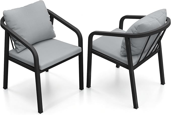 Never-Rust Aluminum Outdoor Dining Chairs Set Of 2, Patio Dining Chairs with Thick Cushion, Outdoor Patio Chairs with Wraparound Backrest and Curved Armrest for Balcony, Lawn, Courtyard, Black