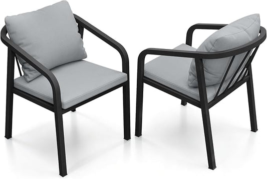 Never-Rust Aluminum Outdoor Dining Chairs Set Of 2, Patio Dining Chairs with Thick Cushion, Outdoor Patio Chairs with Wraparound Backrest and Curved Armrest for Balcony, Lawn, Courtyard, Black