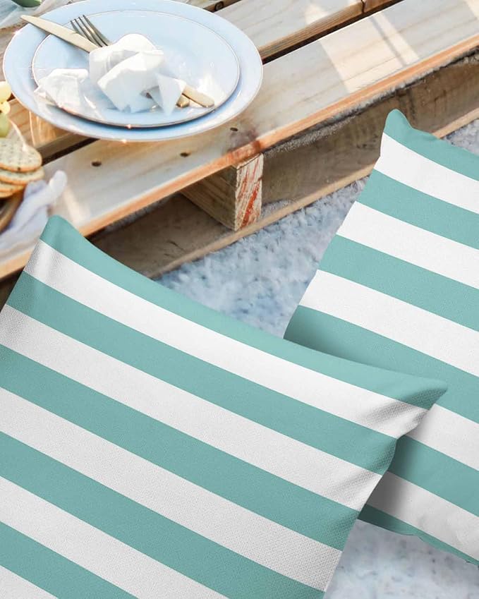 Outdoor Pillows 18x18 Waterproof Outdoor Pillow Covers Teal White Stripes Polyester Throw Pillow Covers Garden Cushion Decorative Case for Patio Couch Decoration Set of 2 Geometric