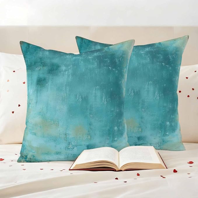 Teal Outdoor Waterproof Pillow Covers, Vintage Oil Painting Decorative Square Throw Pillowcase, Modern Abstract Art Sofa Cushion Sham for Patio/Couch/Chair, 20"x20" 2 Pack