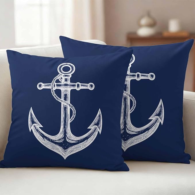 Nautical Outdoor Waterproof Throw Pillow Covers Set of 2, 16"x16", Anchor Rope Coastal Navy Blue Minimalist Decorative Pillow Covers Outside Cushion Case for Patio Porch Garden