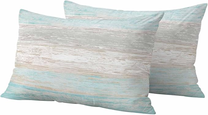 Outdoor Waterproof Throw Pillow Covers, Vintage Teal Grey Decorative Pillow Cases, Farmhouse Barn Wooden Striped Couch Pillow Protector Patio Sofa Cushion Covers Replacement 20"x12" 2 Pack