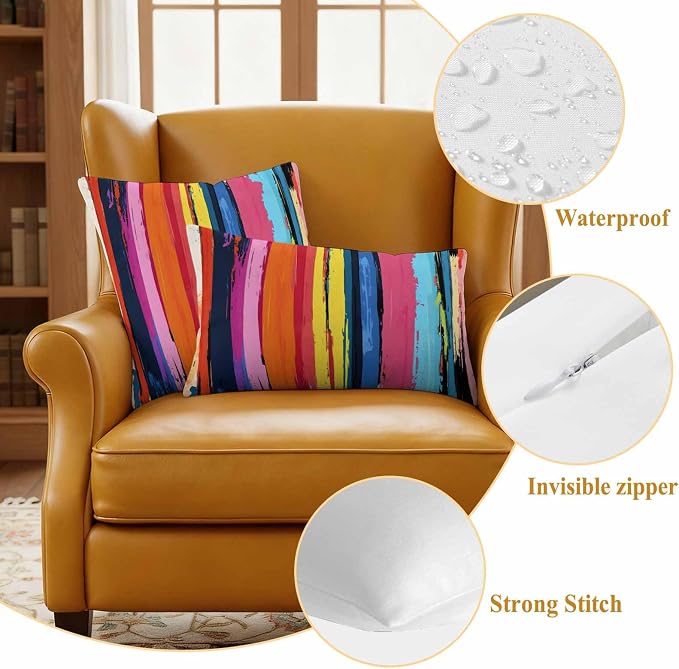 Rainbow Stripe Graffiti Outdoor Pillow Covers Set of 2 Oil Painting Striped Modern Art Waterproof Throw Pillow Cover Decorative Cushion Cases for Patio Porch Garden 18X18 Inch