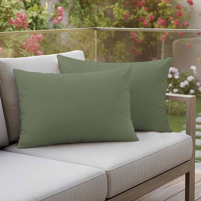 Lumbar Pillow Covers 12 x 20 Inches, Green Solid Color Waterproof Throw Pillow Cover Set of 2, Aesthetics Contemporary Luxury Decorative Rectangle Cushion Covers for Patio/Couch/Garden