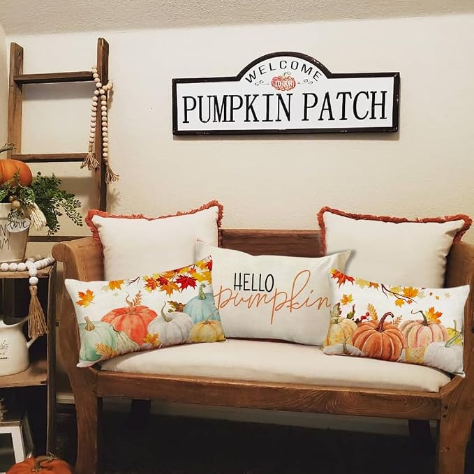 RABUSOFA Fall Pillow Covers 12x20 Inch Set of 2 Thanksgiving Autumn Orange White Teal Pumpkin Maple Leaf Lumbar Harvest Outdoor Waterproof Throw Cushion Cases Fall Decorations for Home Couch Patio