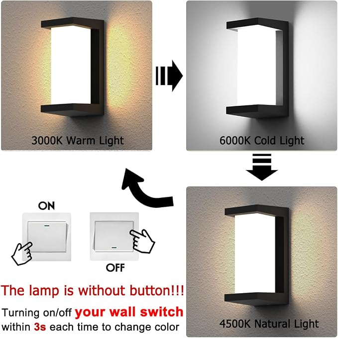 Modern Outdoor Wall Lights,24W-LED Exterior Wall Sconce Light Fixtures,3-Color-Changeable Wall Mounted Lamps,Matte Black Porch&Patio Light,IP65 Waterproof for Hallway Stairs Gardens