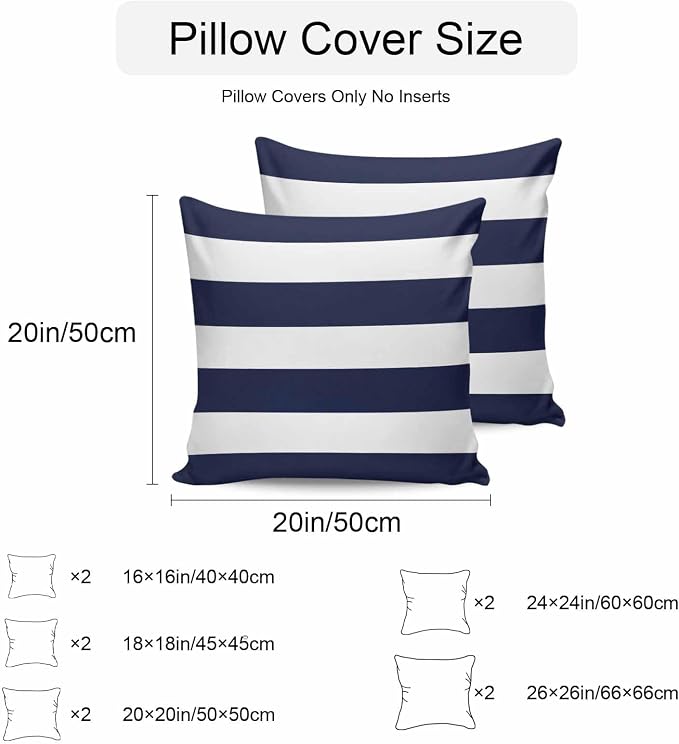 Outdoor Waterproof Throw Pillow Covers Set of 2 Navy Blue Stripe Pillowcases 16x16 Inches Simple Style White Striped Decorative Pillows Cushion Case Patio Pillows for Couch Bed Chair Garden