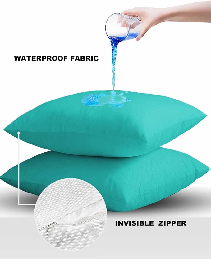 Outdoor Waterproof Throw Pillow Covers Set of 2 Aqua Green Pillowcases 20x20 Inches Simple Style Patio Decorative Pillows Cushion Case Patio Pillows for Couch Bed Chair Garden