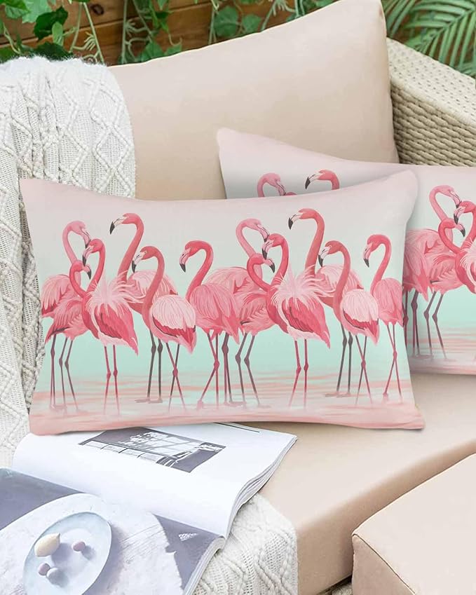 Outdoor Waterproof Throw Pillow Covers Set of 2 Pink Flamingo Lumbar Pillowcases 20x12 Inches Tropical Animal Ombre Teal Patio Decorative Pillows Cushion Case Patio Pillows for Couch Bed Chair Garden