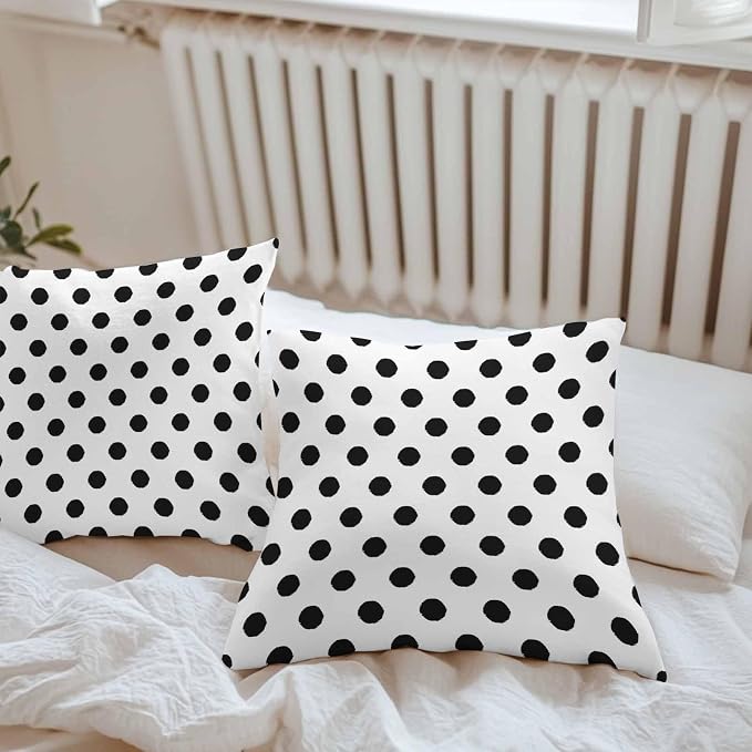 Outdoor Waterproof Throw Pillow Covers Set of 2 Black White Polka Dots Pillowcases 16x16 Inches Cute Solid Color Decorative Pillows Cushion Case Patio Pillows for Couch Bed Chair Garden