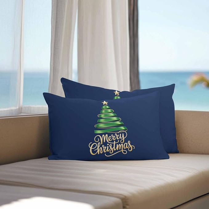 Navy Blue Christmas Tree Lumbar Pillow Covers 12 x 20 Inch, Green Xmas Tree with Star Waterproof Throw Pillow Cover Set of 2, Christmas Blue Decorative Rectangle Cushion Covers for Patio/Couch