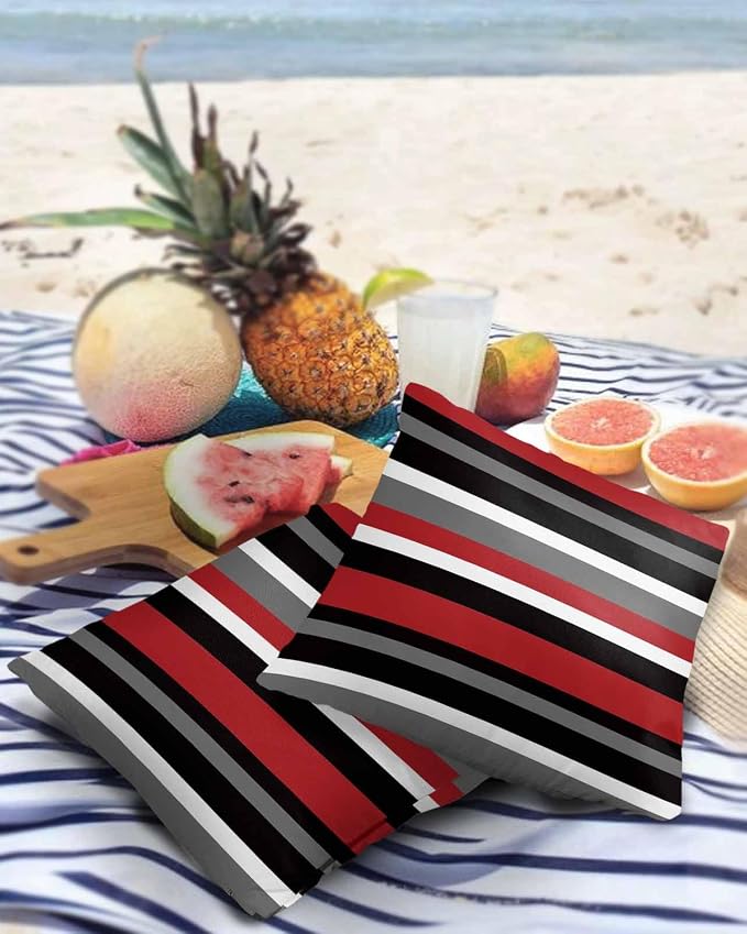 Multicolor Horizontal Stripes Outdoor Pillow Covers Set of 2, Decorative Waterproof Throw Pillow Case, Red White Gray Cotton Linen Soft Cozy Cushion Pillowcases