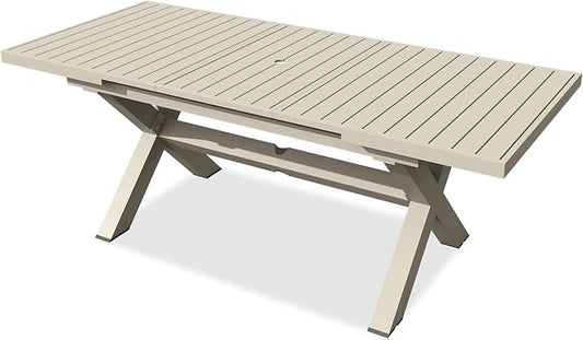 TWT Aluminum Outdoor Dining Table for 8, 62.8" - 82.5" Extendable Patio Dining Table with Umbrella Hole on Top with X-Shaped Frame Easy to Assemble for Backyard Garden Yard Porch Deck, Milk Coffee