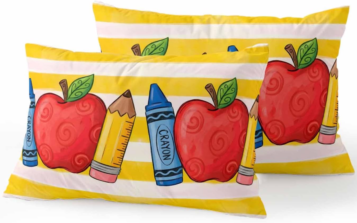 Outdoor Throw Pillow Set of 2, Children's Day Waterproof Pillow with Insert Included, Funny Cartoon Pencil Yellow Striped Decorative Accent Cushion Lumbar Pillows for Patio Porch, 12 x 20 in