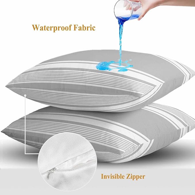 Vandarllin Outdoor Throw Pillows Covers 26x26 inch Set of 2 Waterproof Grey Stripes Decorative Zippered Cushion Covers for Patio Furniture, Striped Lines Lumbar Pillowcases