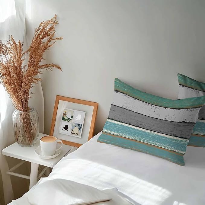 Outdoor Throw Pillow Covers 12X20 Set of 2 Waterproof Teal Green Gray Sea Decorative Zippered Cushion Covers for Patio Furniture, Farmhouse Retro Rustic Barn Wood Texture Lumbar Pillowcases