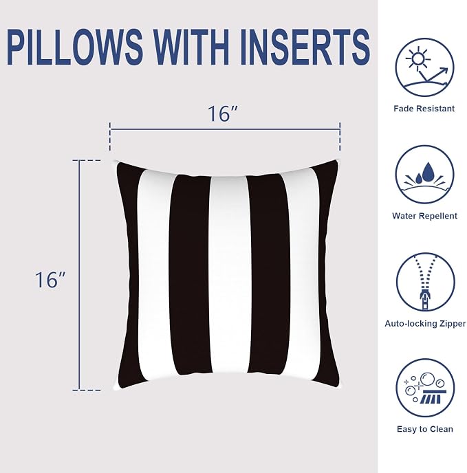 Outdoor Throw Pillows 16x16 Inch, Water Repellent Patio Pillows with Inners Set of 2 for Patio Furniture Home Garden, Cabana Black