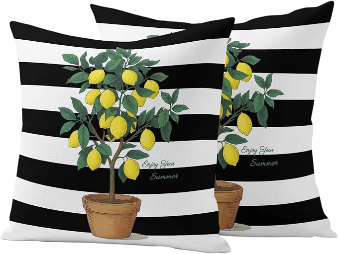 Summer Lemons Outdoor Waterproof Pillow Covers Set of 2, Yellow Fruit Leaf Black White Striped Abstract Pillowcase Decorative Throw Cushion Cases for Patio Garden Couch 16 x 16 Inches